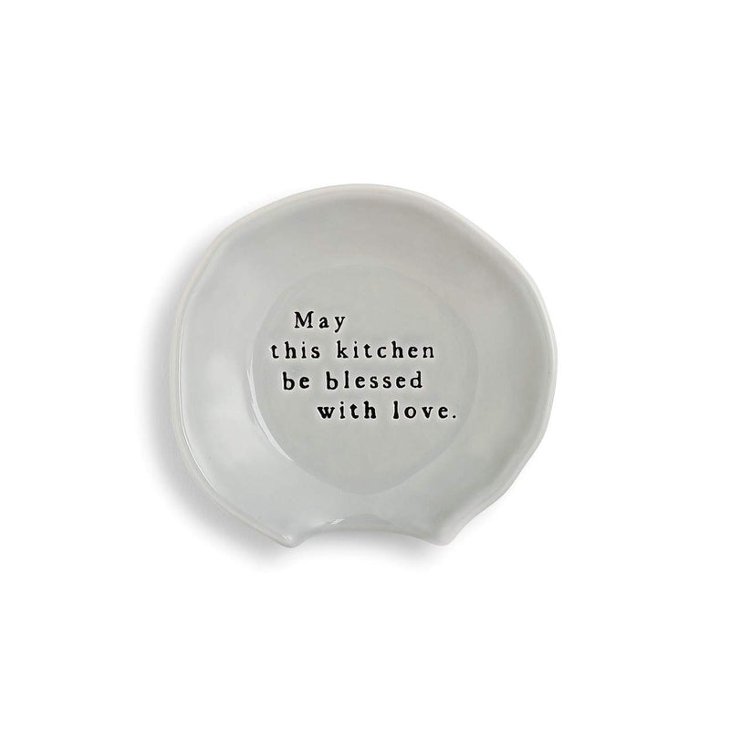 DEMDACO May This Kitchen Be Blessed With Love Cloud Grey 4.5 x 4 Glossy Ceramic Stoneware Wobbly Round Spoon Rest