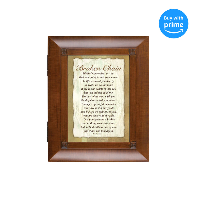 Top down view of Broken Chain God to Call You Home Woodgrain Remembrance Keepsake Box