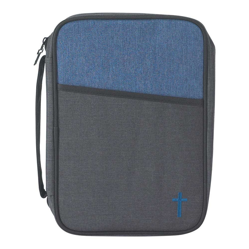 Blue and Gray Reinforced Polyester Bible Cover Case with Handle, Large