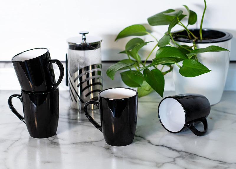Color Pop White Black Exterior 16 ounce Glossy Ceramic Mugs Matching Set of 4