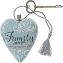 DEMDACO Family Lifes Greatest Gift Blue Damask 4 x 3 Heart Shaped Resin Keepsake Art Hearts Decoration with Key and Tassel