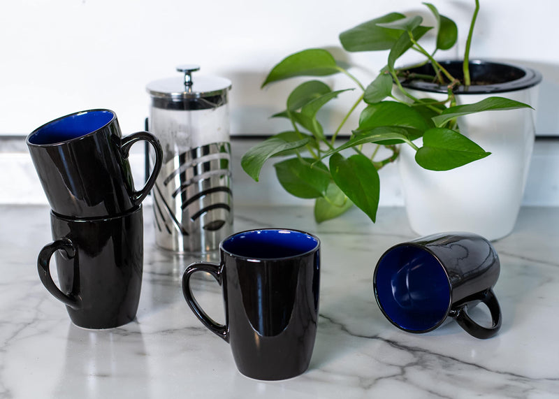 Color Pop Blue Black Exterior 16 ounce Glossy Ceramic Mugs Matching Set of 4