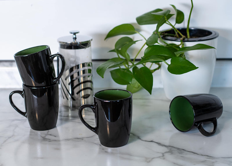 Color Pop Green Black Exterior 16 ounce Glossy Ceramic Mugs Matching Set of 4