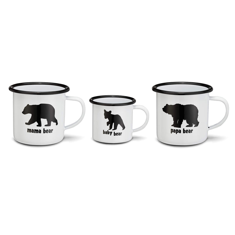 Papa Mama and Baby Bear White 10 and 5 ounce Metal Enamelware Mugs Set of 3