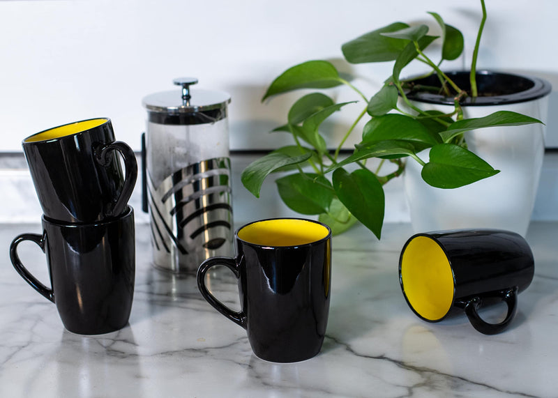 Color Pop Yellow Black Exterior 16 ounce Glossy Ceramic Mugs Matching Set of 4