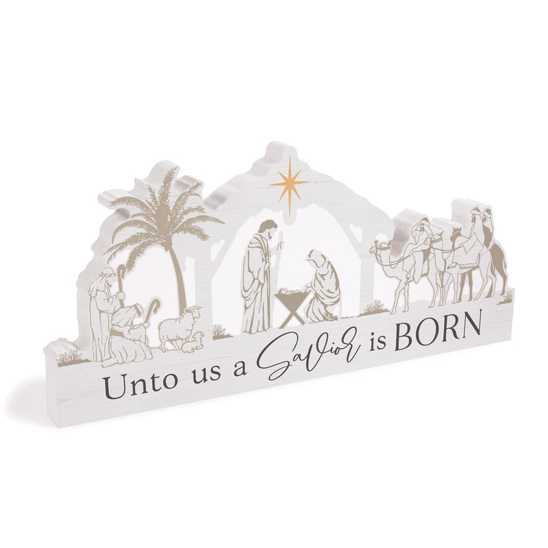 P. Graham Dunn Savior is Born Winter White 12 x 5.5 Wood Holiday Nativity Shaped Tabletop Sign