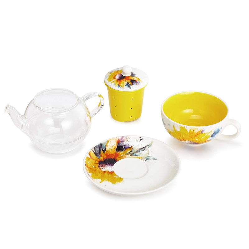 DEMDACO Dean Crouser Sunflower Watercolor Sunshine Yellow 14 ounce Ceramic Stoneware Tea Pot Set
