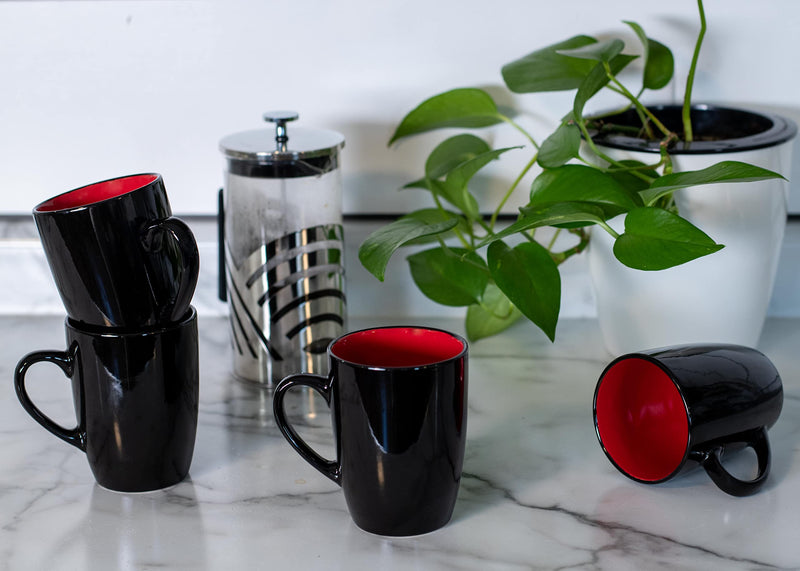 Color Pop Red Black Exterior 16 ounce Glossy Ceramic Mugs Matching Set of 4