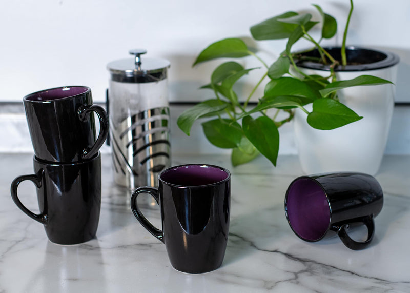 Color Pop Purple Black Exterior 16 ounce Glossy Ceramic Mugs Matching Set of 4