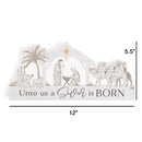 P. Graham Dunn Savior is Born Winter White 12 x 5.5 Wood Holiday Nativity Shaped Tabletop Sign