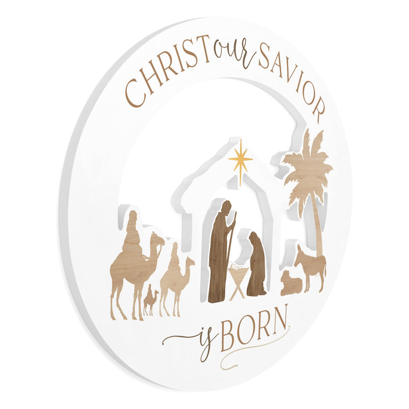 P. Graham Dunn Savior is Born Winter White 20 x 16 Wood Holiday Oval Nativity Shaped Sign