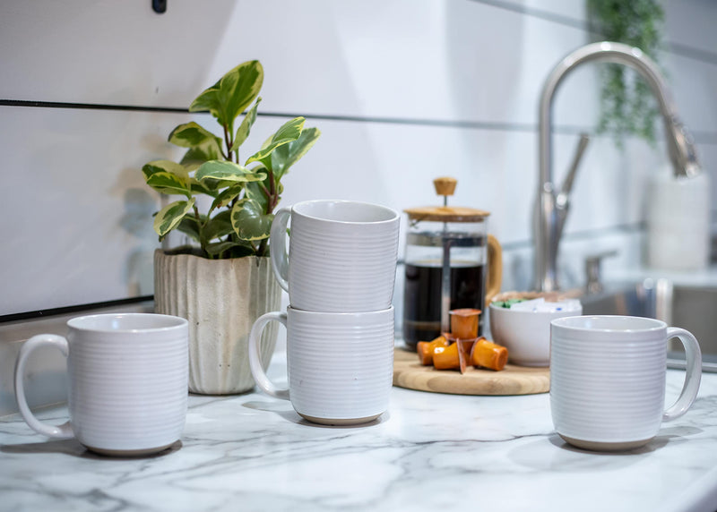 Elanze Designs Ribbed Ceramic Stoneware 16 ounce Raw Clay Bottom Coffee Mugs Set of 4, White