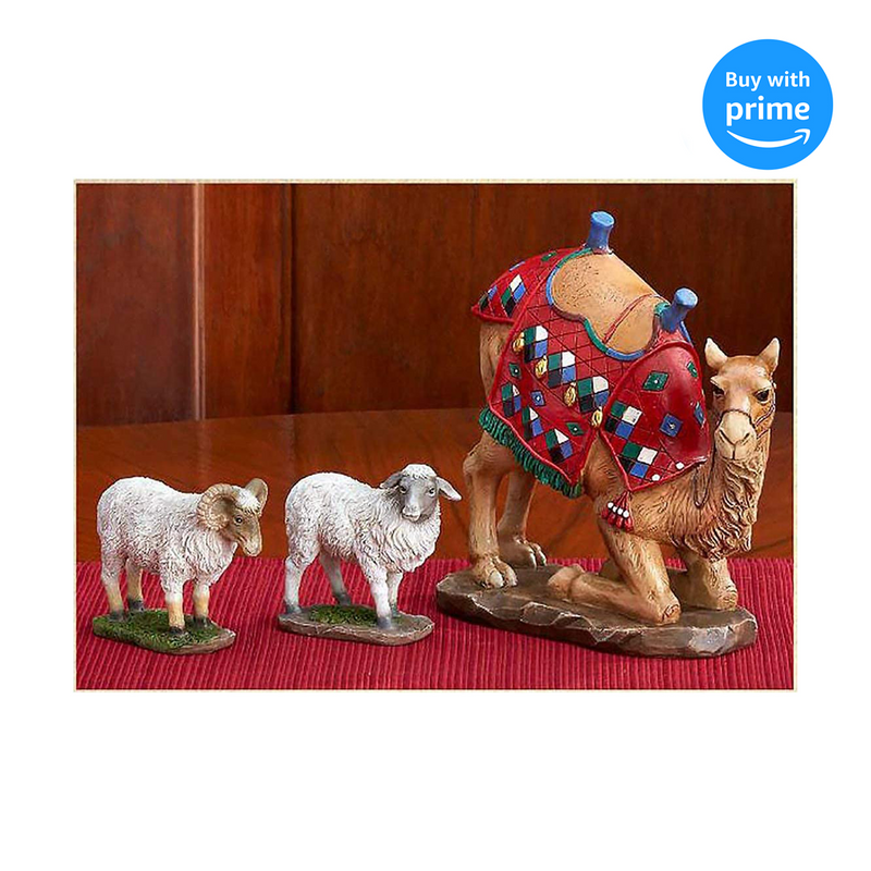 Set of 3 Kneeling Camel and Two Awassi Sheep Nativity Figurines - 14 inch Scale