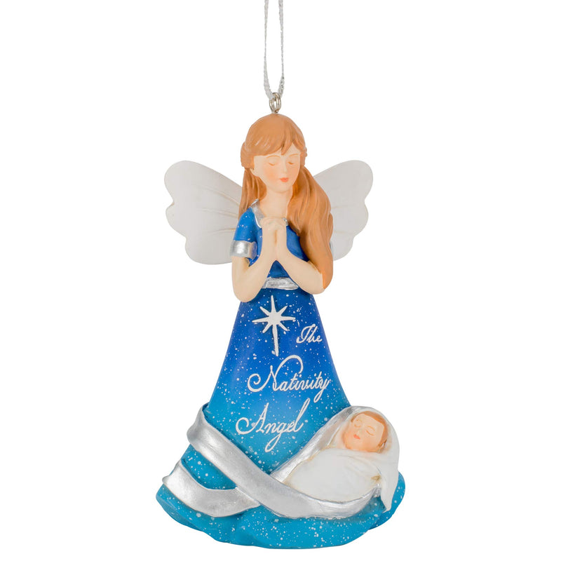Dicksons Nativity Angel and Baby Jesus Sky Blue 4 inch Resin Stone Christmas Ornament