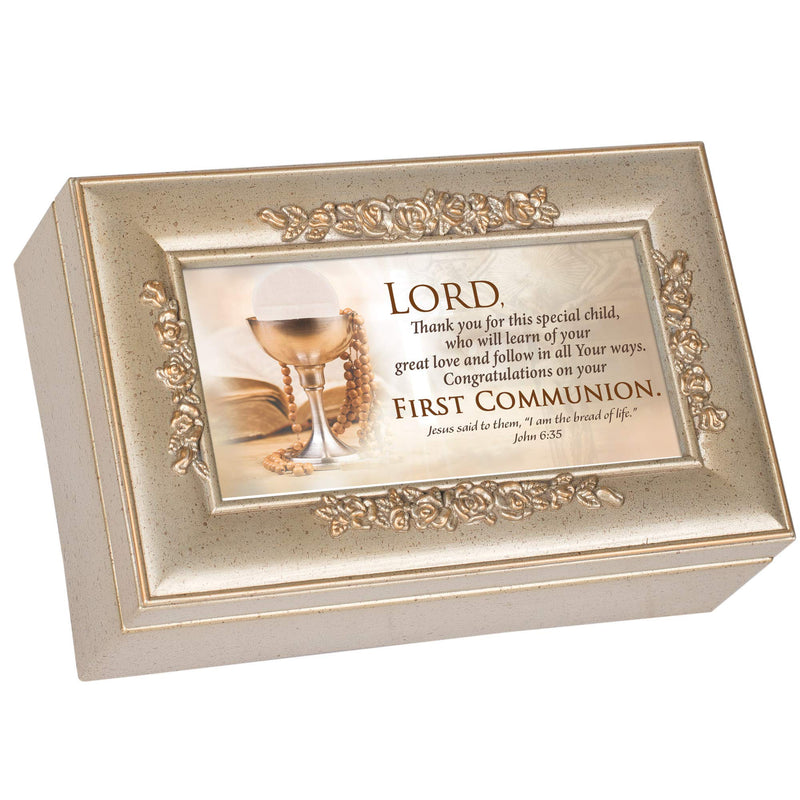 First Communion Child Petite Rose Music Box Plays Amazing Grace