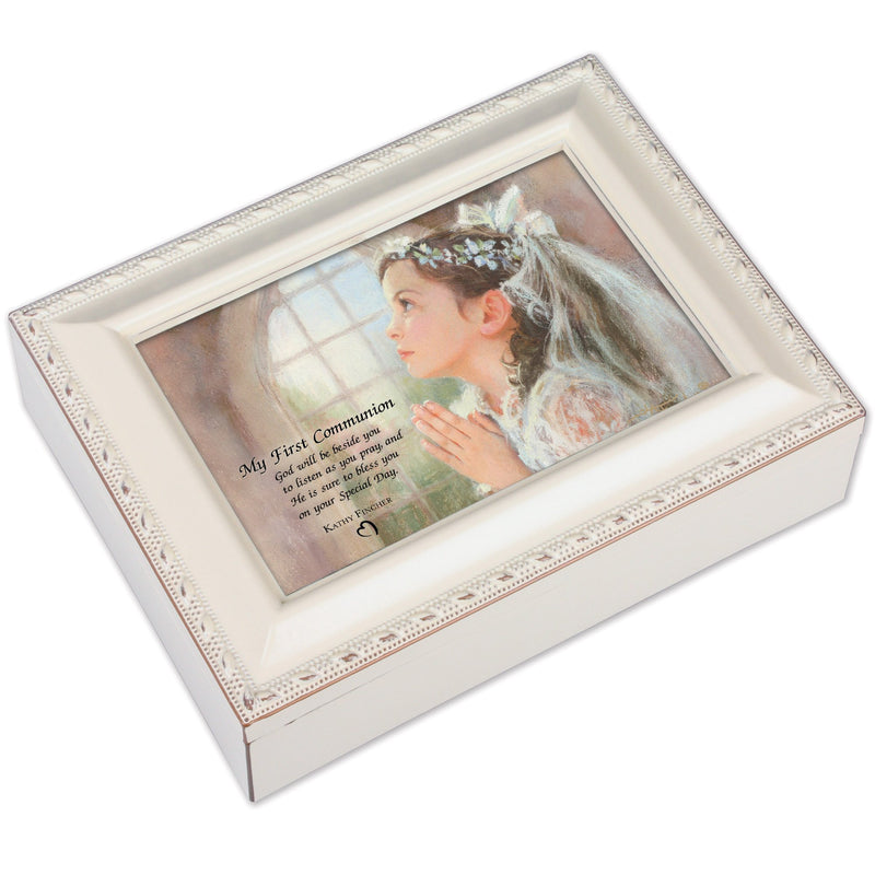 First Communion God Will Be Beside You Ivory Rope Trim Jewelry Music Box Plays Ave Maria