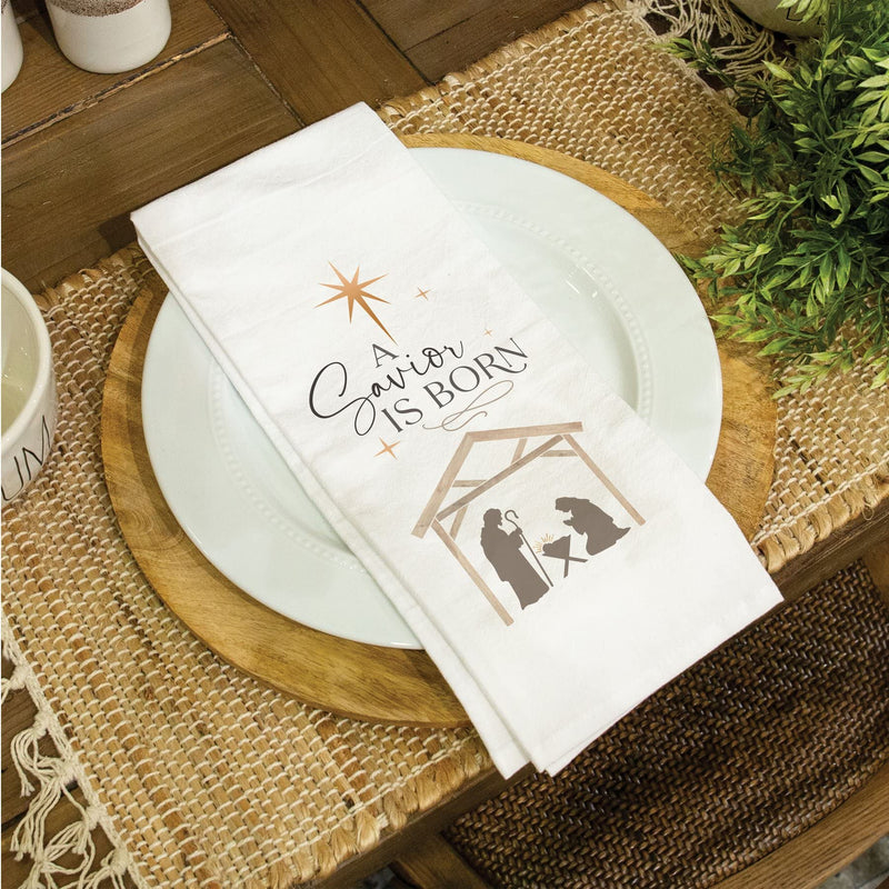 A Savior is Born Nativity Winter White 28 x 16 Cotton Holiday Dish Tea Towel