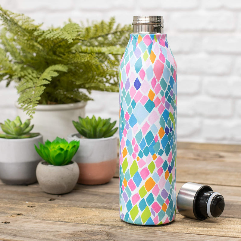 Mary Square Santorini Pattern 17 Ounce Stainless Steel Water Bottle. Designed For Both Hot And Cold Beverages. Double Walled, Vacuum Insulated Technology