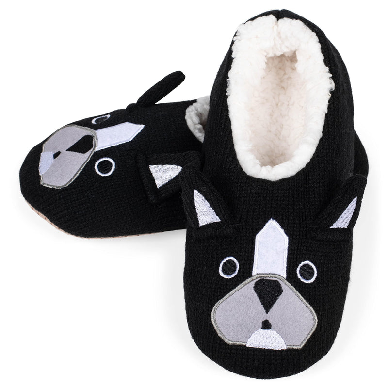 Bulldog Black Womens Animal Cozy Plush Lined Non Slip Fuzzy Slipper - Small