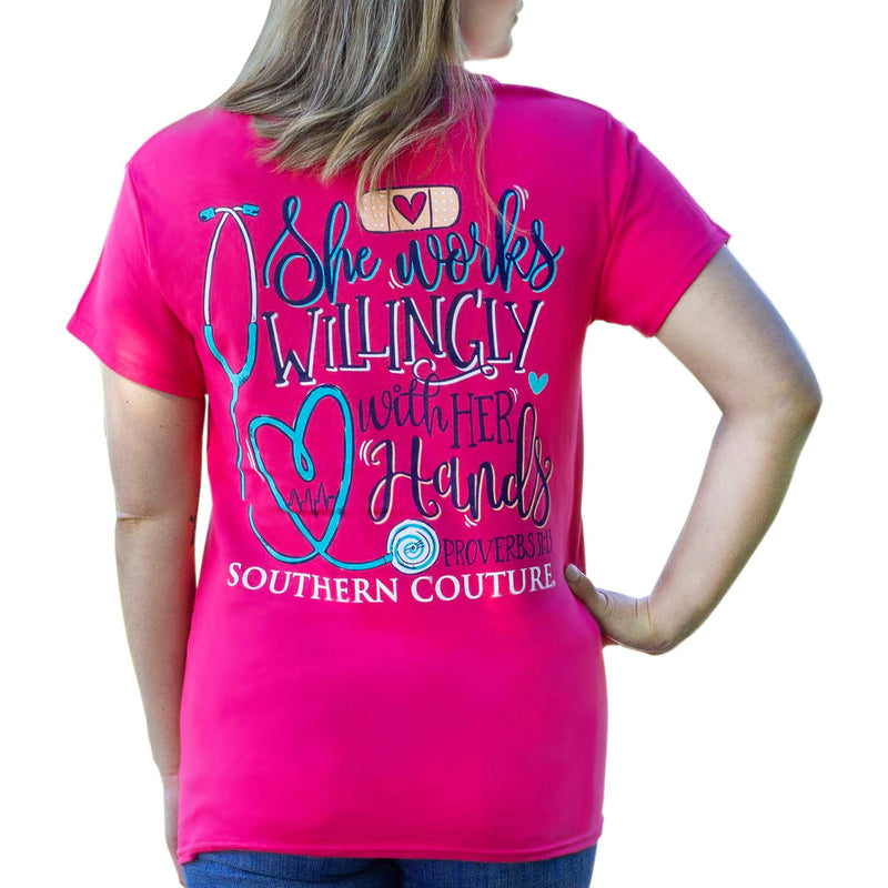 Southern Couture Works Willingly Nurse Heliconia Pink Cotton Fabric Classic T-Shirt