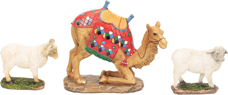 Set of 3 Kneeling Camel and Two Awassi Sheep Nativity Figurines - 10 inch Scale