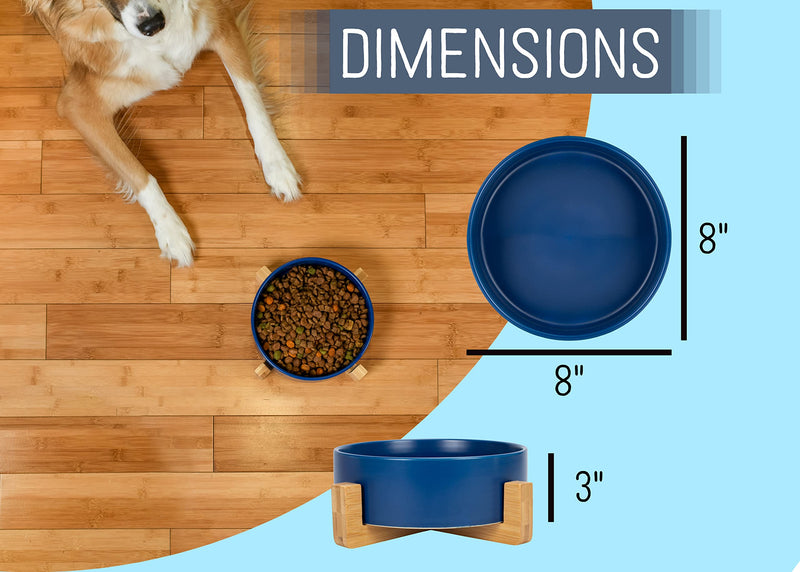 Nat & Jules Large Navy 8 inch Stoneware Ceramic and Wood Pet Bowl With Stand