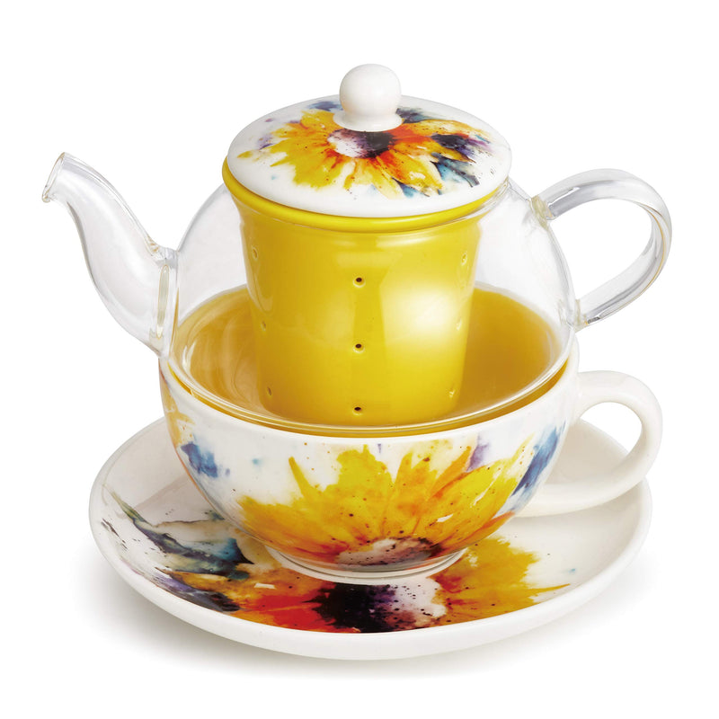 DEMDACO Dean Crouser Sunflower Watercolor Sunshine Yellow 14 ounce Ceramic Stoneware Tea Pot Set