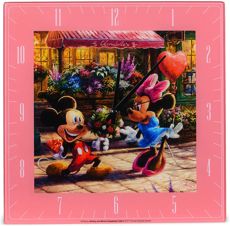 Mark Feldstein & Associates Sweetheart Caf√© Mickey Minnie Disney Kinkade Pink 11 inch Glass Square Wall Clock