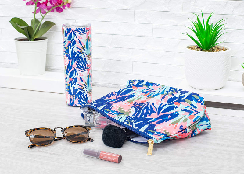 Lost In Paradise Blue Floral 8 x 11 Canvas Zippered Mini Cosmetic Bag