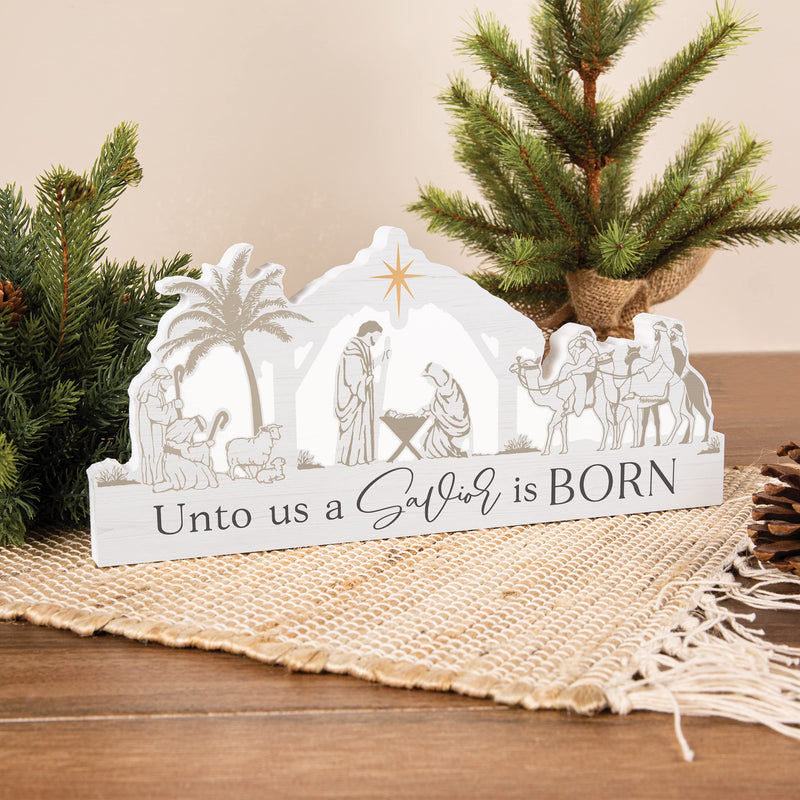 P. Graham Dunn Savior is Born Winter White 12 x 5.5 Wood Holiday Nativity Shaped Tabletop Sign