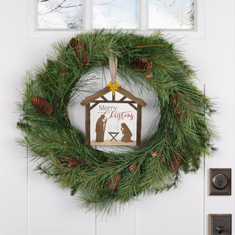 P. Graham Dunn Merry Natural Brown 8 x 7.75 MDF Wood Holiday Decorative String Nativity Sign