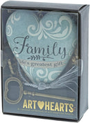 DEMDACO Family Lifes Greatest Gift Blue Damask 4 x 3 Heart Shaped Resin Keepsake Art Hearts Decoration with Key and Tassel