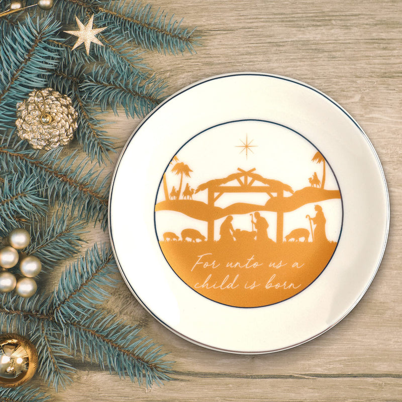 Unto Us Child Born Golden Nativity 6.25 x 6 Porcelain Serving Plate