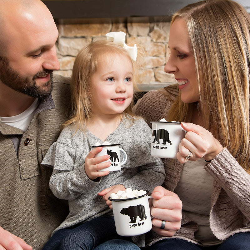 Papa Mama and Baby Bear White 10 and 5 ounce Metal Enamelware Mugs Set of 3