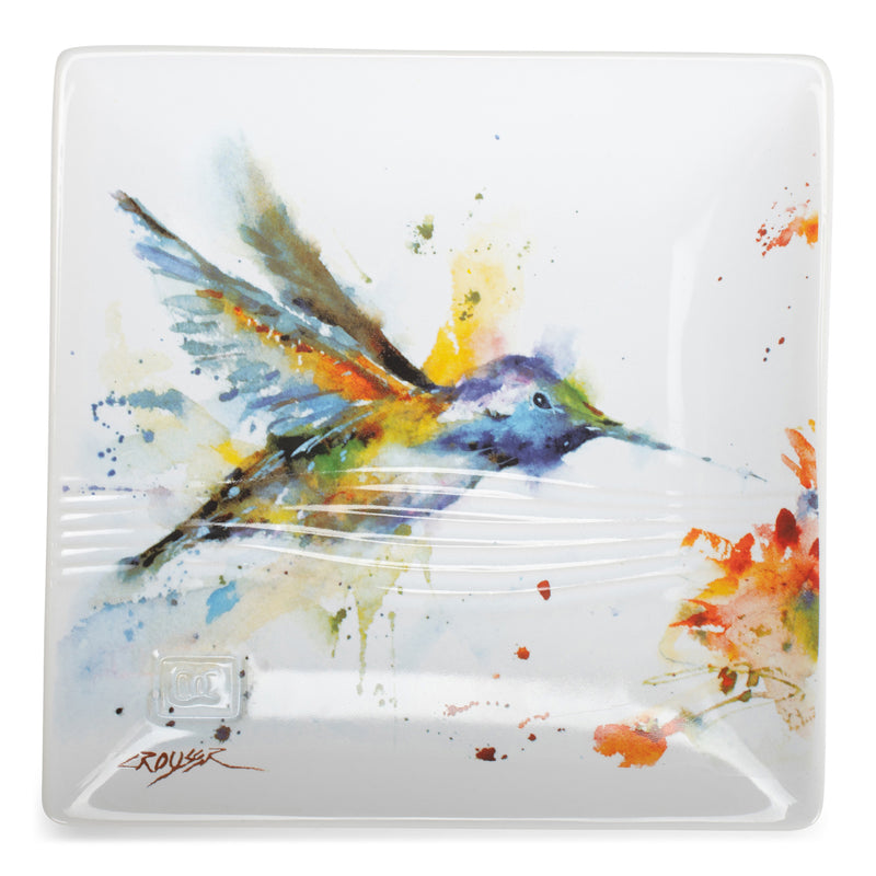 Dean Crouser Hummingbird Watercolor Blue On White 7 x 7 Glossy Stoneware Snack Plate