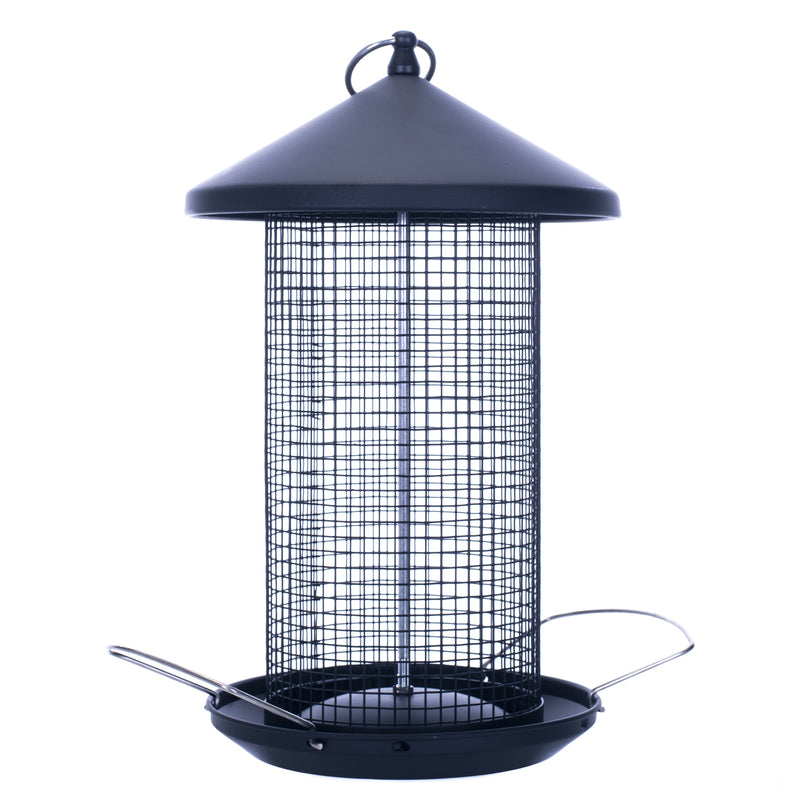 Front view of Matte Black Heavy Duty Mesh Metal 3 Lb. Secure Cap Cover Nut Bird Feeder