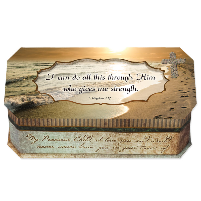 Top down view of I Can Do All This Through Him Who Gives Me Strength Footprints in the Sand Design Jewelry and Music Box