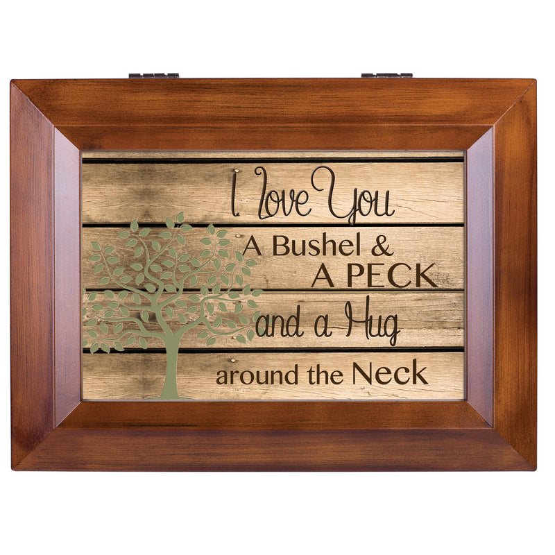Top down view of Love You a Bushel & a Peck Wood Panel Wood Finish Jewelry and Music Box