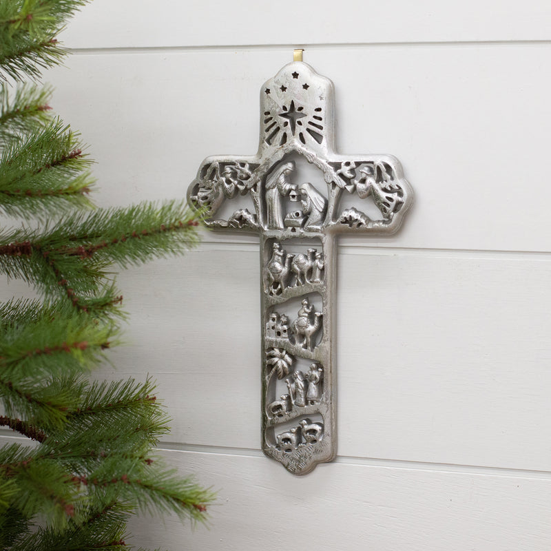 Dicksons Nativity Scene Cross Brushed Silver Tone 7 x 12 Resin Stone Christmas Wall Sign Plaque