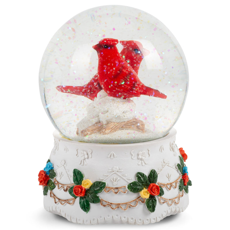 Mr. & Mrs. Red Cardinal Figurine 100MM Water Globe Plays Tune Wish You A Merry Christmas