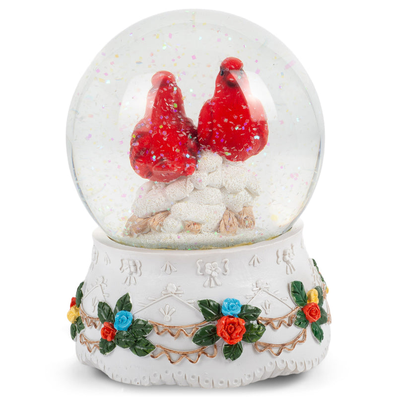 Mr. & Mrs. Red Cardinal Figurine 100MM Water Globe Plays Tune Wish You A Merry Christmas