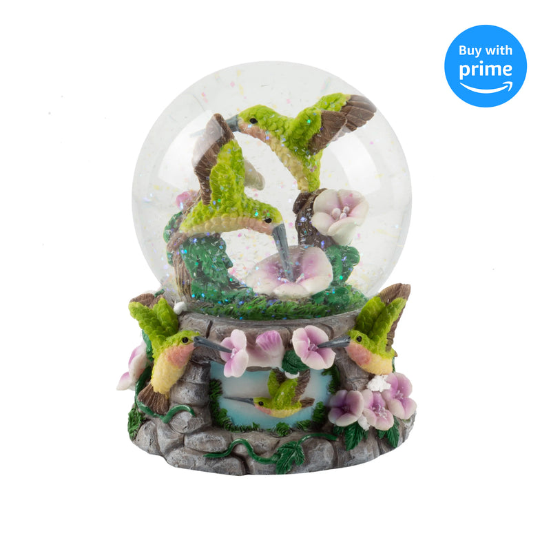 Front view of Hummingbirds with Flowers Figurine Muscial Snow Globe