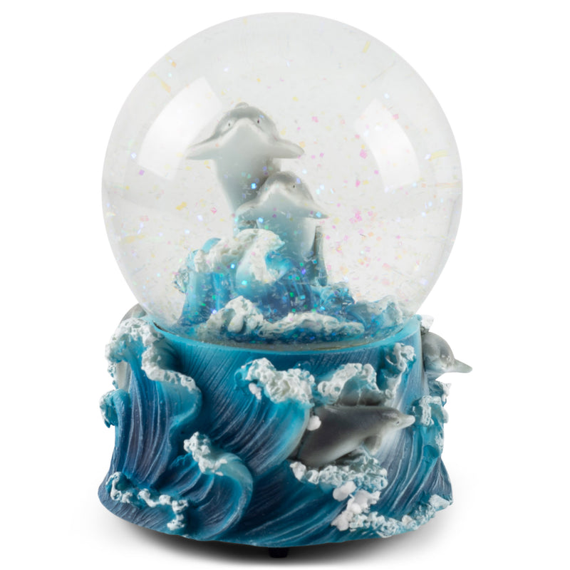 Playful Dolphins Figurine 100MM Water Globe Plays Tune Blue Daube Waltz