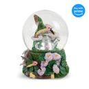 Front view of Hummingbirds Purple Flowers Garden Musical Snow Globe