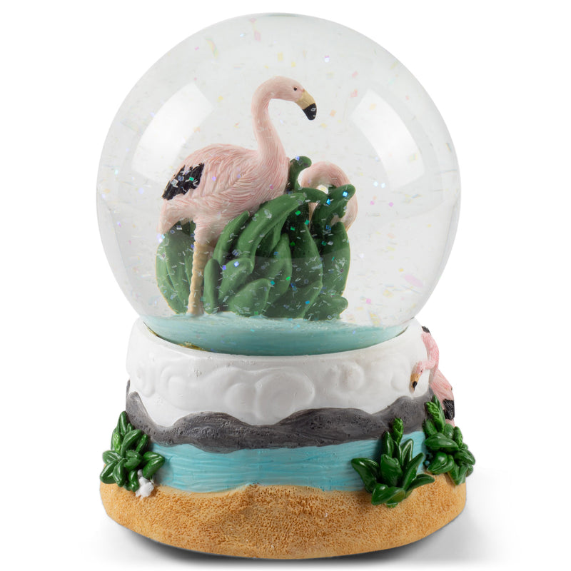 Front view of Pink Flamingos Musical Snow Globe