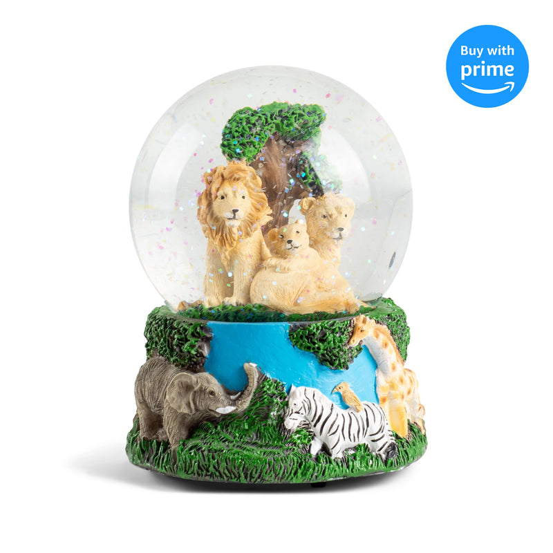 Front view of Lions Zebras Elephants and Giraffes Musical Snow Globe