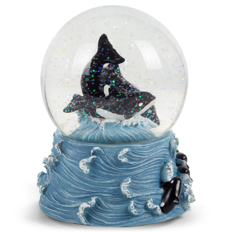 Front view of Killer Whales Swimming in The Ocean Musical Snow Globe