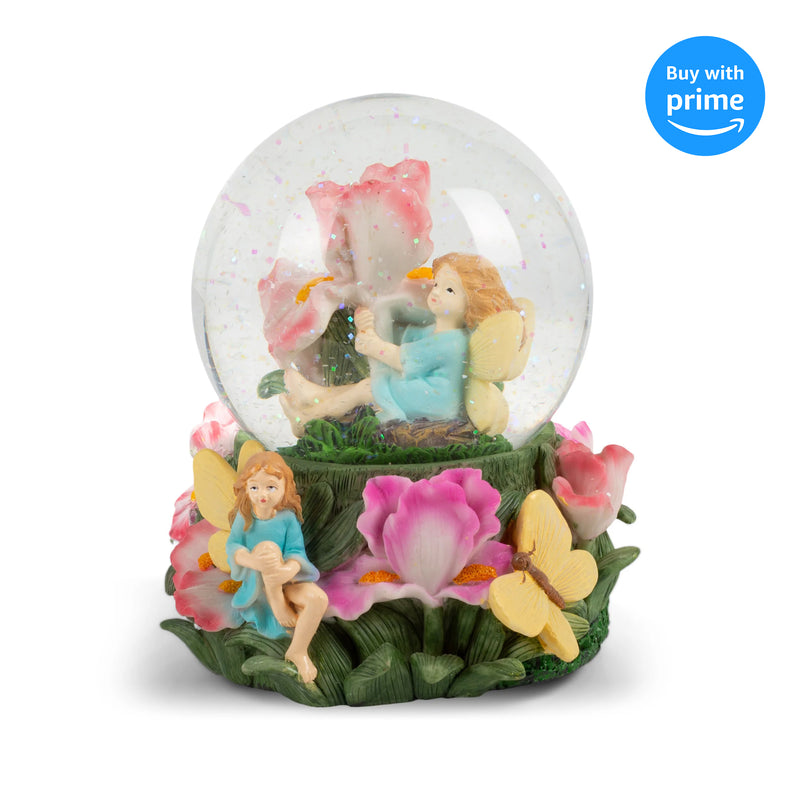 Front view of Fairy Children in Flowers Musical Snow Globe