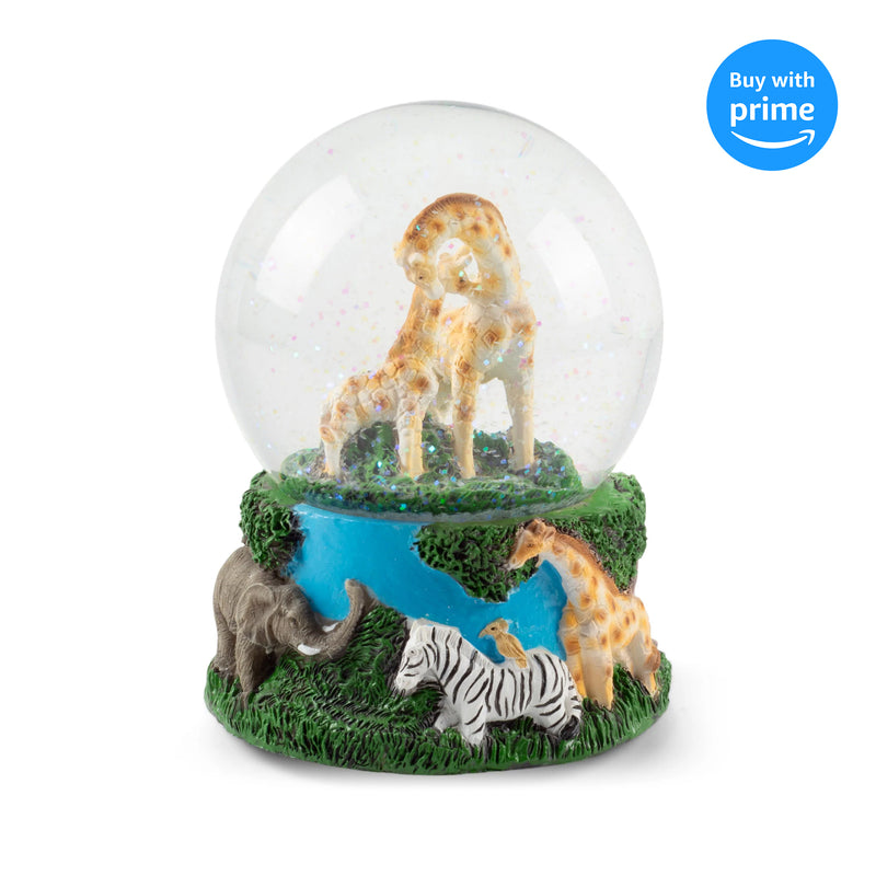 Front view of Giraffes Zebras and Elephants Musical Snow Globe