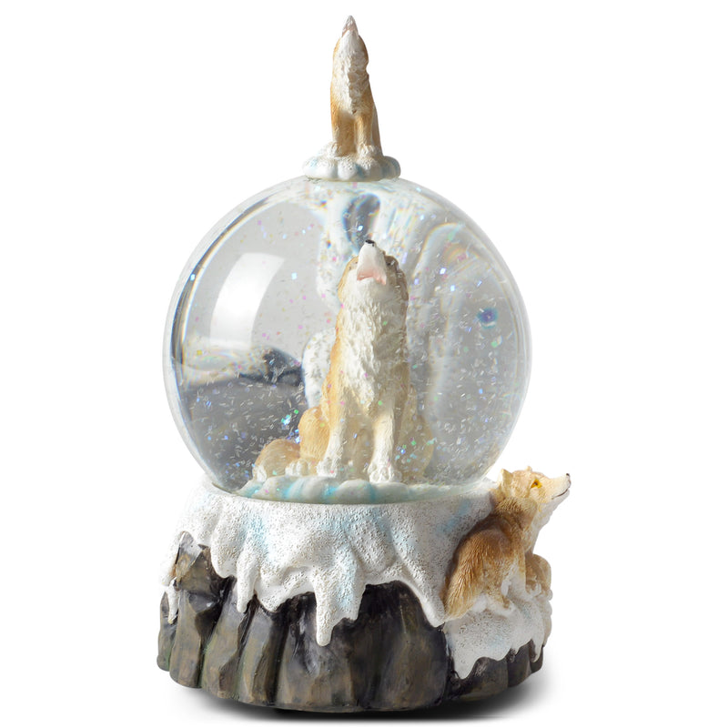 Howling Glitter Wolf with Babies Figurine 100MM Water Globe Plays Tune Born Free